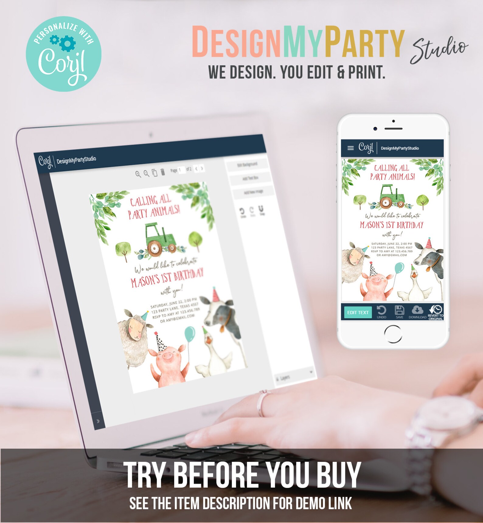 Editable Farm Animals Birthday Invitation Boy Party Animals Green ...