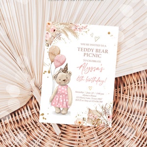 May include: A pink and brown teddy bear wearing a pink dress and a party hat holds balloons. The invitation reads "You're invited to a Teddy Bear Picnic to celebrate Alyssa's 6th birthday!" with details for the party.