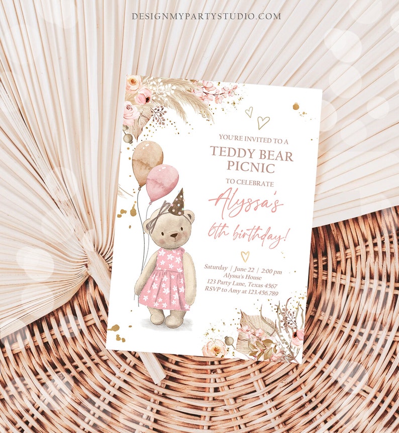 May include: A pink and brown teddy bear wearing a pink dress and a party hat holds balloons. The invitation reads "You're invited to a Teddy Bear Picnic to celebrate Alyssa's 6th birthday!" with details for the party.