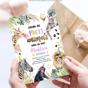 May include: A colorful party invitation with a jungle theme. The invitation features a giraffe, an elephant, a lion, and a monkey wearing party hats. The text on the invitation reads "Calling all party animals, swing on over! Maddison is turning 3. Saturday, June 22, 2:00 PM, Ashley's House, 123 Party Lane, Texas 4567, RSVP to Ashley at 123.456.789".