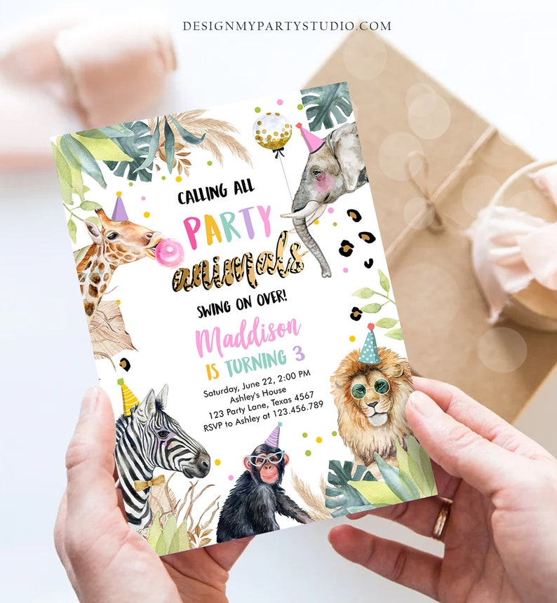 May include: A colorful party invitation with a jungle theme. The invitation features a giraffe, an elephant, a lion, and a monkey wearing party hats. The text on the invitation reads "Calling all party animals, swing on over! Maddison is turning 3. Saturday, June 22, 2:00 PM, Ashley's House, 123 Party Lane, Texas 4567, RSVP to Ashley at 123.456.789".