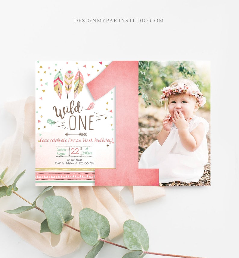 Editable Birthday Invitation Wild One Girl Invite Tribal Boho Arrow Feathers Coral Mint Download Printable Template Digital Corjl 0073 image 2