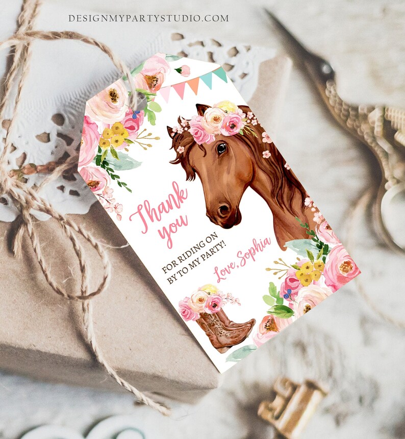 May include: Thank you for riding on by to my party!  A pink and white horse party favor tag with a brown horse wearing a floral crown.  The tag has a pink floral design and the text "Thank you for riding on by to my party! Love, Sophia."