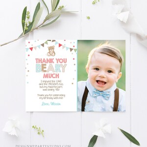 Editable Thank You Card Teddy Bear Birthday Picnic Beary Much Boy Blue Woodland Download Printable Thank You Template Digital Corjl 0100 image 2