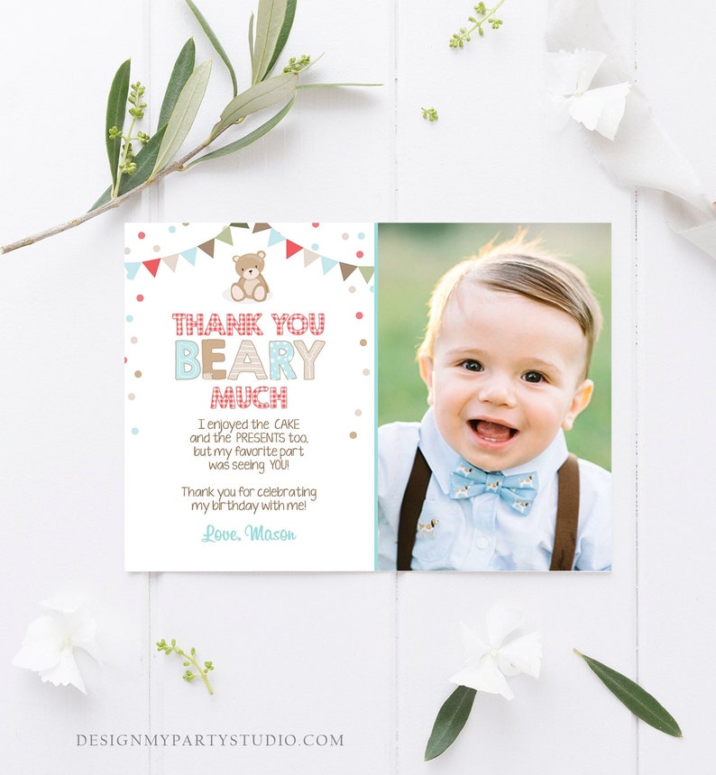 Editable Thank You Card Teddy Bear Birthday Picnic Beary Much Boy Blue Woodland Download Printable Thank You Template Digital Corjl 0100 image 2