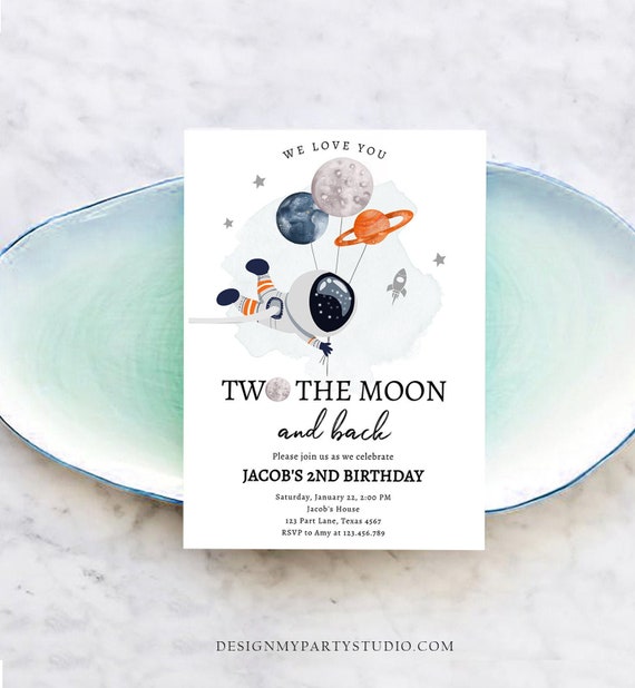Editable Two the Moon Outer Space Birthday Invitation Out of this World Astronaut Blue Orange Boy Second 2nd Corjl Template Printable 0366 Il_570xn