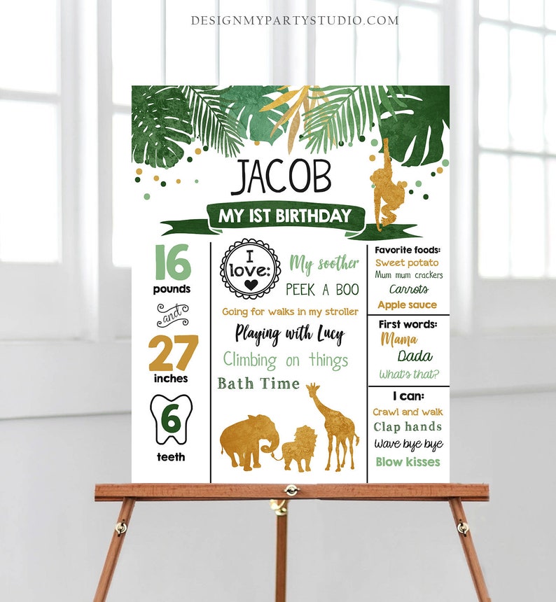 Editable Safari Animals Birthday Milestones Sign Wild One First Birthday Zoo Jungle Party 1st Wild Boy Gold Corjl Template Printable 0016 image 1