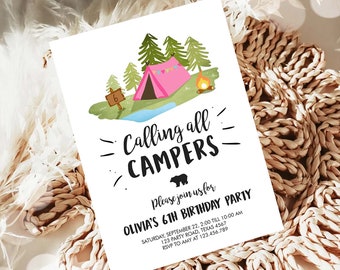 Editable Glamping Party Invitation Camp Out Birthday Invite Bonfire Outdoor Camping Tent Girl Pink Download Printable Template Corjl 0302