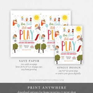 Puede incluir: Invitaciones coloridas para fiestas de cumplea&ntilde;os con el texto "Run, Climb, Slide and PLAY", con ilustraciones de ni&ntilde;os, un sol y elementos de juegos. Las invitaciones son para el 3er cumplea&ntilde;os de Jacob.