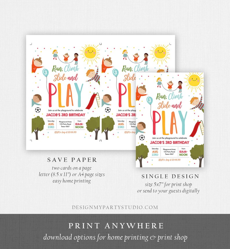 Puede incluir: Invitaciones coloridas para fiestas de cumplea&ntilde;os con el texto "Run, Climb, Slide and PLAY", con ilustraciones de ni&ntilde;os, un sol y elementos de juegos. Las invitaciones son para el 3er cumplea&ntilde;os de Jacob.