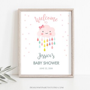 Letrero de bienvenida editable para baby shower, nube de bienvenida, gotas de lluvia, arcoíris rosa, plantilla digital imprimible 0036 imagen 2
