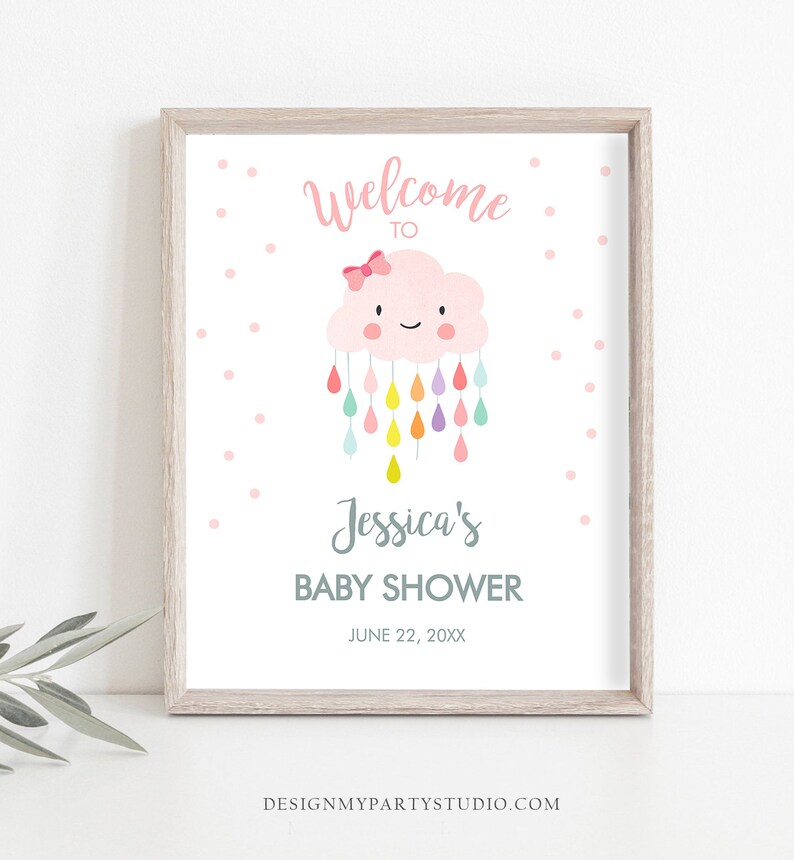Letrero de bienvenida editable para baby shower, nube de bienvenida, gotas de lluvia, arcoíris rosa, plantilla digital imprimible 0036 imagen 2
