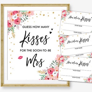 Guess How Many Kisses Bridal Shower Game Wedding Shower Activity Floral Pink Gold Are in The Jar Game Instant Download PRINTABLE 0030 0318