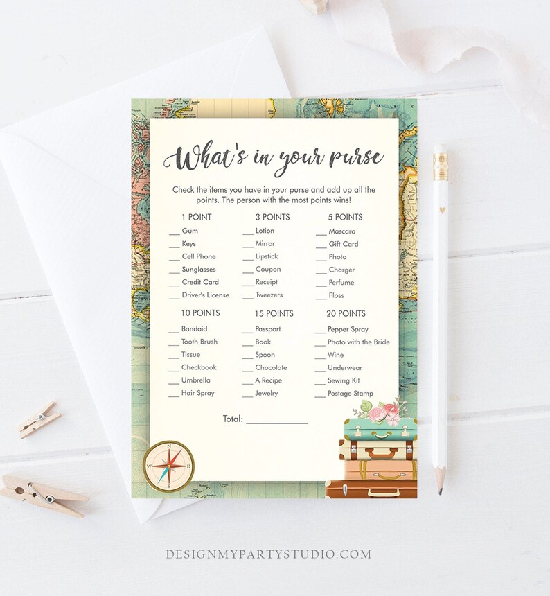 May include: A printable game card with a vintage world map background. The card has a list of items to find in a purse, with points assigned to each item. The game is titled "What's in your purse?" and includes a total score section.
