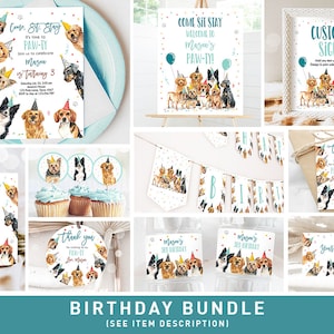 Dog Birthday Invitation Bundle Dogs Puppy Party Invite Birthday Come Sit Stay Boy 1st Birthday Digital Download Template Printable 0384