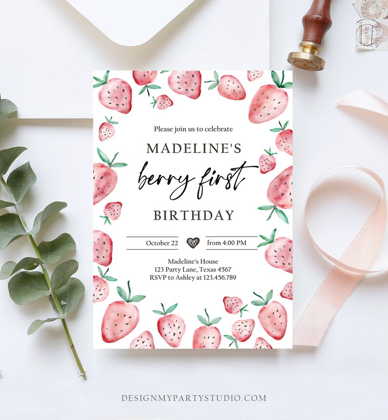 May include: A pink and green watercolor strawberry birthday invitation with the text "Madeline's Berry First Birthday" and details for the event. The invitation is decorated with a pattern of strawberries.