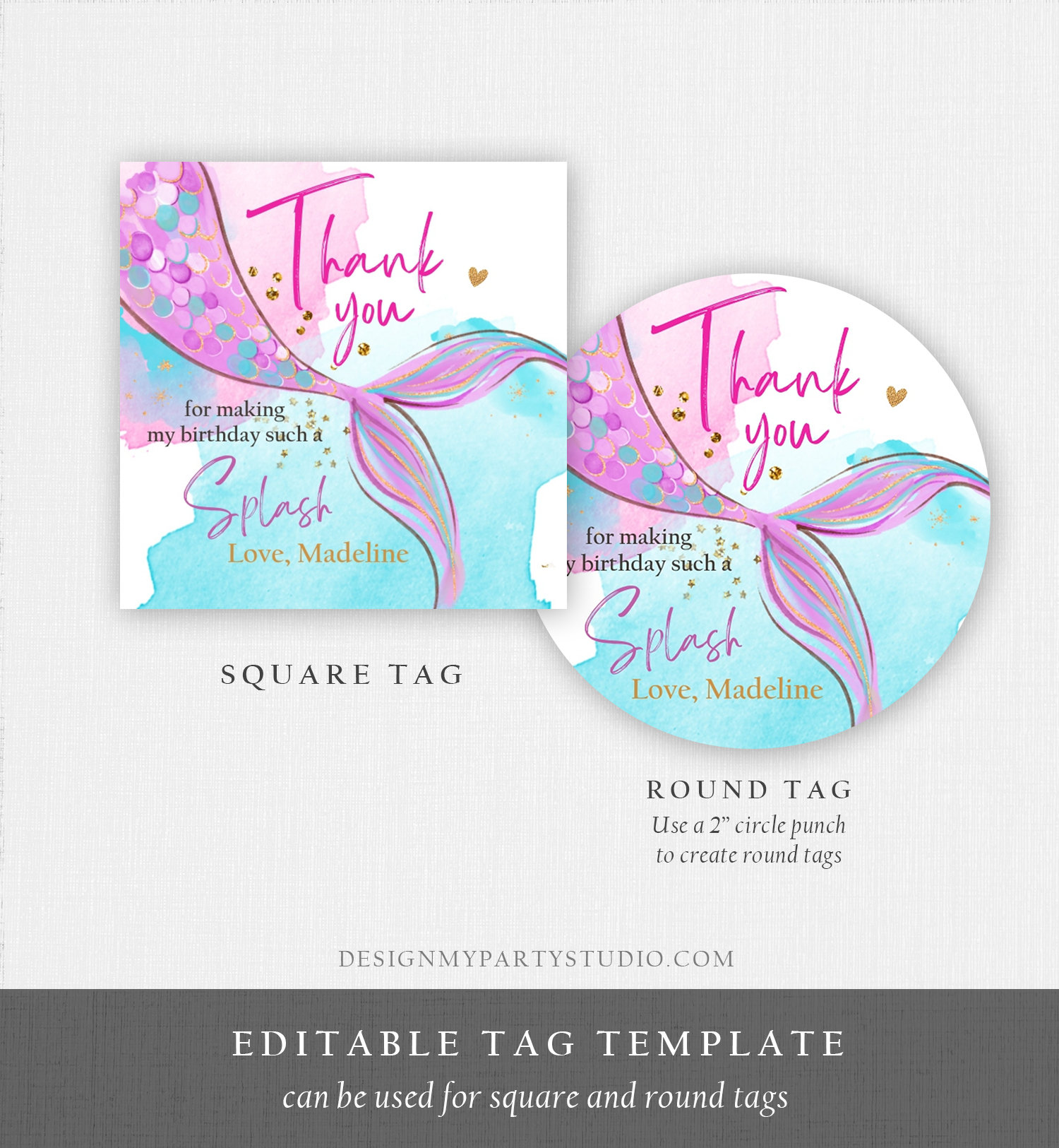 Editable Mermaid Birthday Favor Tags Under the Sea Thank You Stickers ...