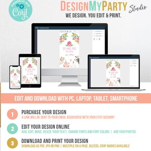 May include: A pink and green printable thank you card with a pig, a unicorn, and a chicken. The card says "Thank You for Coming" and "Love, Elsie". The card is shown on a computer screen with a design tool.