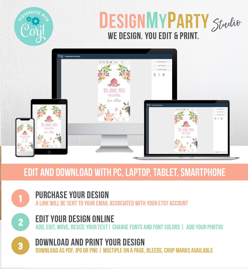 May include: A pink and green printable thank you card with a pig, a unicorn, and a chicken. The card says "Thank You for Coming" and "Love, Elsie". The card is shown on a computer screen with a design tool.