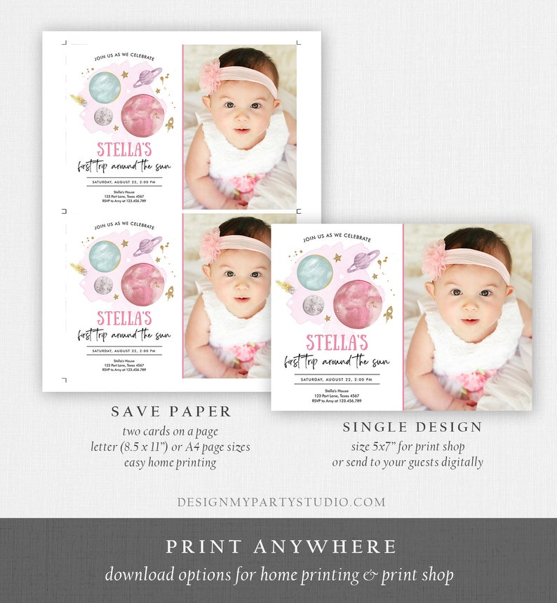 Editable Outer Space Girl First Birthday Invitation Galaxy Blast Off First Trip Around the Sun Pink Download Printable Template Corjl 0357 image 7