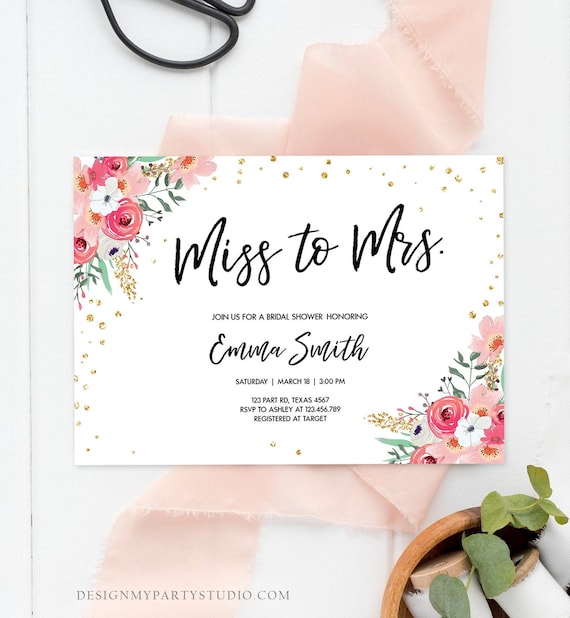 Editable Miss to Mrs Travel Bridal Shower Invitation Flowers Floral Suitcase Gold Confetti Pink Download Printable Corjl Template 0030 Il_570xn