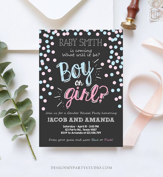 Editable Gender Reveal Invitation Boy or Girl Pink or Blue He or She Chalk Confetti Modern Simple Invite Template Instant Download Corjl Il_570xn