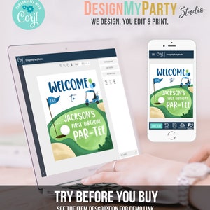 May include: A digital design template for a golf-themed birthday party invitation. The design features a green golf course with a golf cart, a golf ball, and a flag. The text on the invitation reads "Welcome to Jackson's 1st Birthday Par-Tee".
