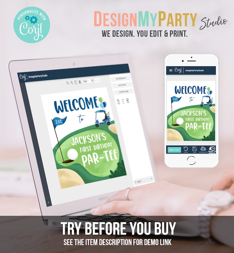 May include: A digital design template for a golf-themed birthday party invitation. The design features a green golf course with a golf cart, a golf ball, and a flag. The text on the invitation reads "Welcome to Jackson's 1st Birthday Par-Tee".