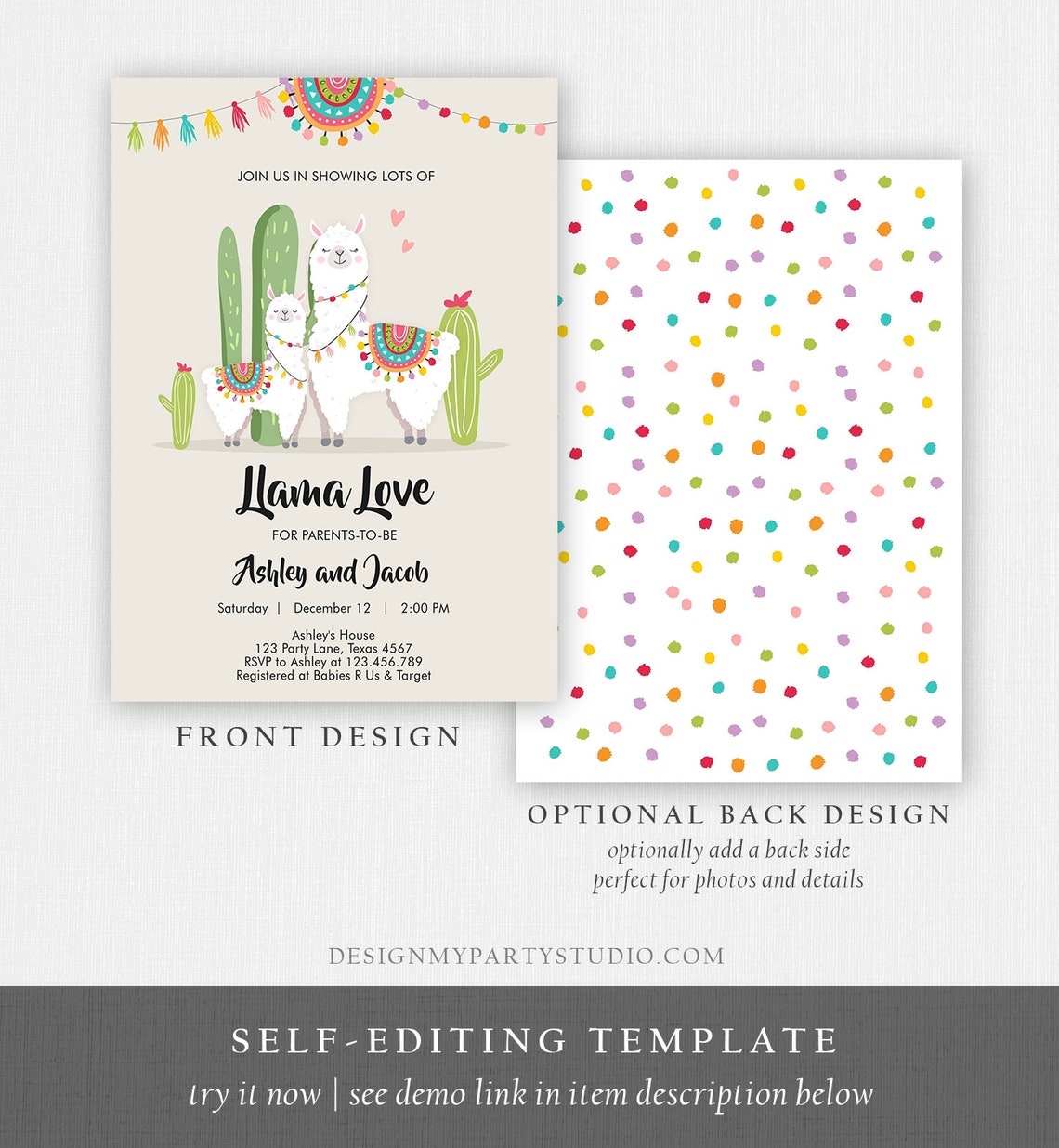 Editable Llama Baby Shower Invitation Llama Love Fiesta Cactus - Etsy