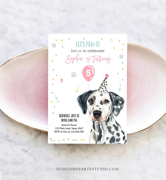 Editable Dog Birthday Party Invitation Dalmatian Birthday Invite Pink Girl Come Sit Stay Party Animal Download Printable Template Corjl 0384 Il_570xn