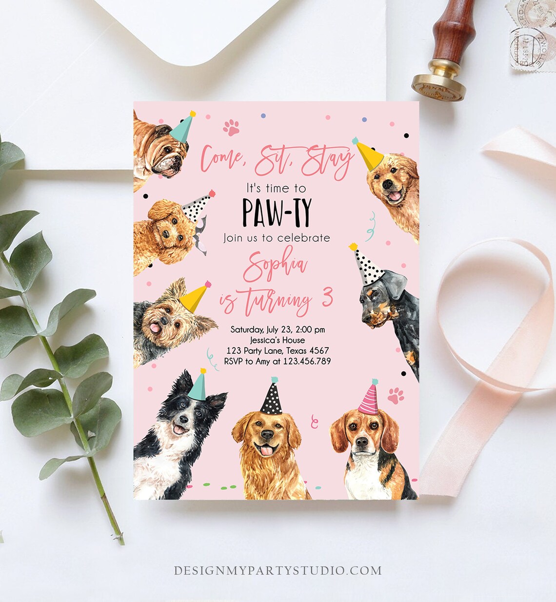 Editable Dog Birthday Party Invitation Puppy Birthday Pink Girl Doggy ...