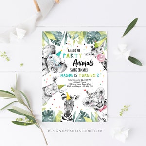 May include: A colorful invitation for a child's third birthday party. The invitation features a jungle theme with animals like an elephant, giraffe, zebra, and lion. The text reads "Calling all Party Animals Swing on Over! Mason is turning 3".