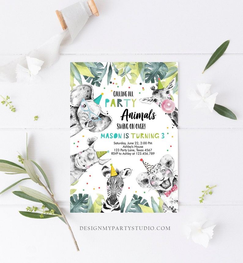 May include: A colorful invitation for a child's third birthday party. The invitation features a jungle theme with animals like an elephant, giraffe, zebra, and lion. The text reads "Calling all Party Animals Swing on Over! Mason is turning 3".