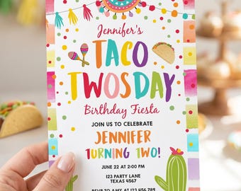 May include: A rectangular birthday invitation card with a white background, colorful confetti, and watercolor borders. It features the text Jennifer's TACO TWOSDAY Birthday Fiesta, with illustrations of maracas, a taco, and a green cactus.