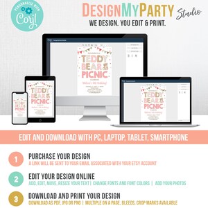 May include: A digital design template for a teddy bear picnic birthday party invitation. The invitation features a pink and brown teddy bear with the text "You're invited to a Teddy Bear Picnic" and "[Name]'s 6th Birthday!" The design is customizable with Corjl.