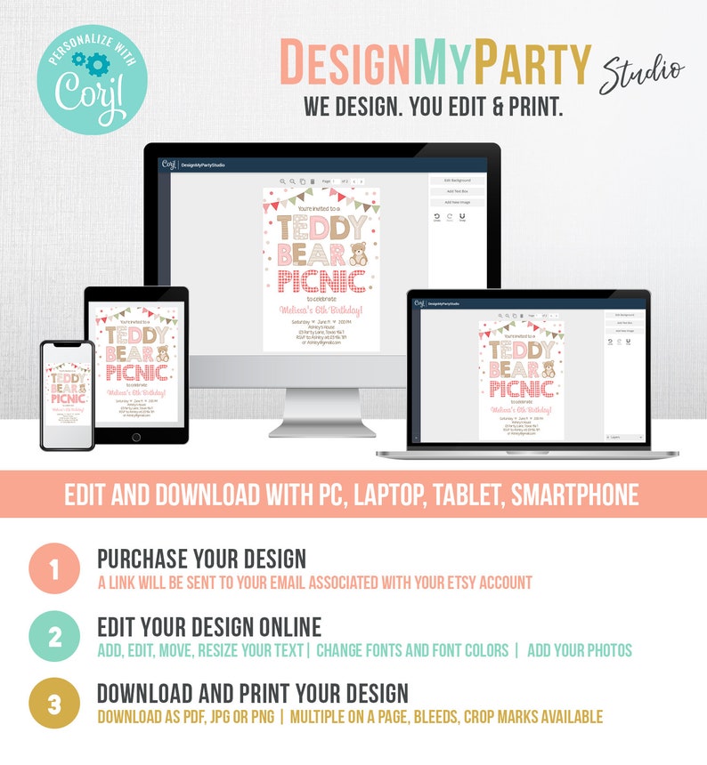 May include: A digital design template for a teddy bear picnic birthday party invitation. The invitation features a pink and brown teddy bear with the text "You're invited to a Teddy Bear Picnic" and "[Name]'s 6th Birthday!" The design is customizable with Corjl.
