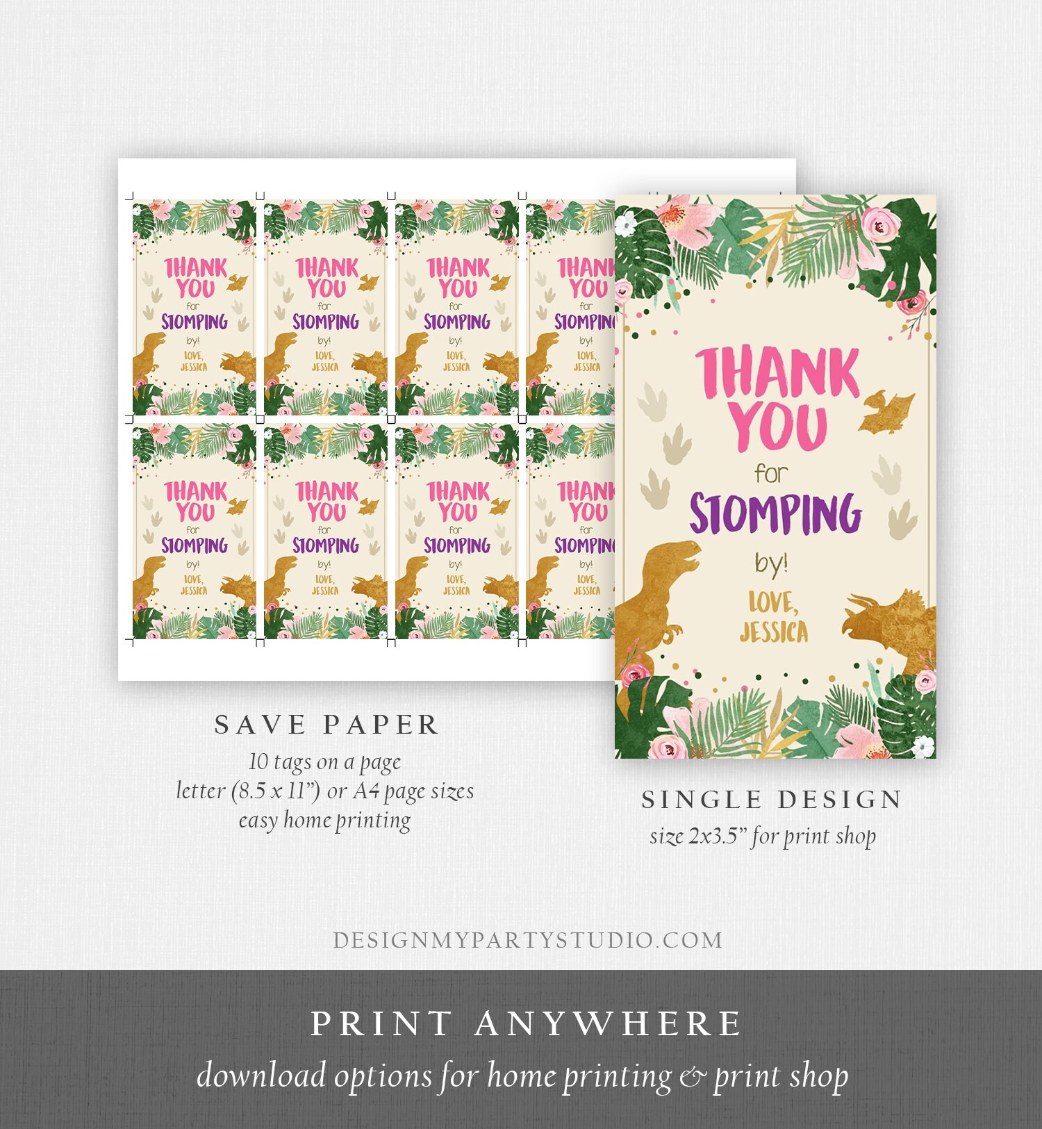 Editable Dinosaur Favor Tags Gift Tag Girl Pink Gold Thank You | Etsy