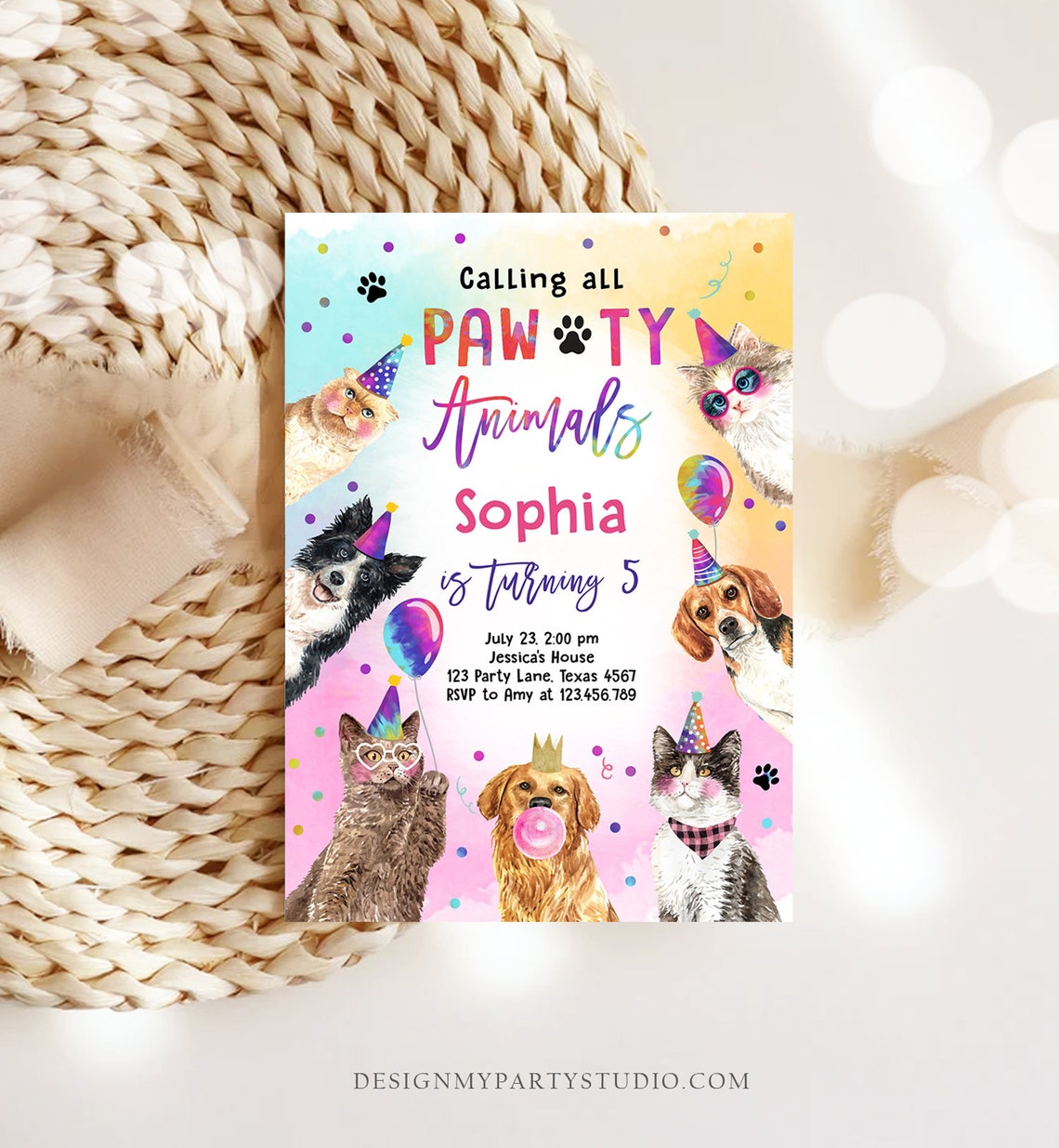Editable Cats and Dogs Birthday Invitation Pawty Birthday Party Invite ...