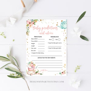 Puede incluir: Una tarjeta de juego de baby shower imprimible con un dise&ntilde;o floral y una ilustraci&oacute;n de tetera. La tarjeta incluye secciones para predicciones sobre la fecha de nacimiento del beb&eacute;, la hora, el peso, la longitud, el color del cabello y el color de los ojos. Tambi&eacute;n incluye secciones para que los invitados escriban sus consejos para los nuevos padres y adivinen si el beb&eacute; se parecer&aacute; a la madre o al padre.