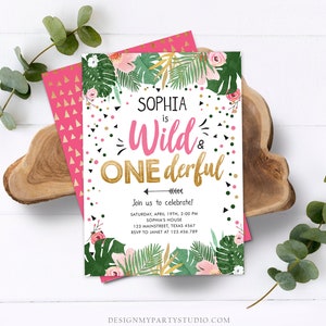 Editable Wild and Onederful Birthday Invitation Girl Wild One Safari Tropical Pink Gold Jungle First Birthday Corjl Template Printable 0332 image 4