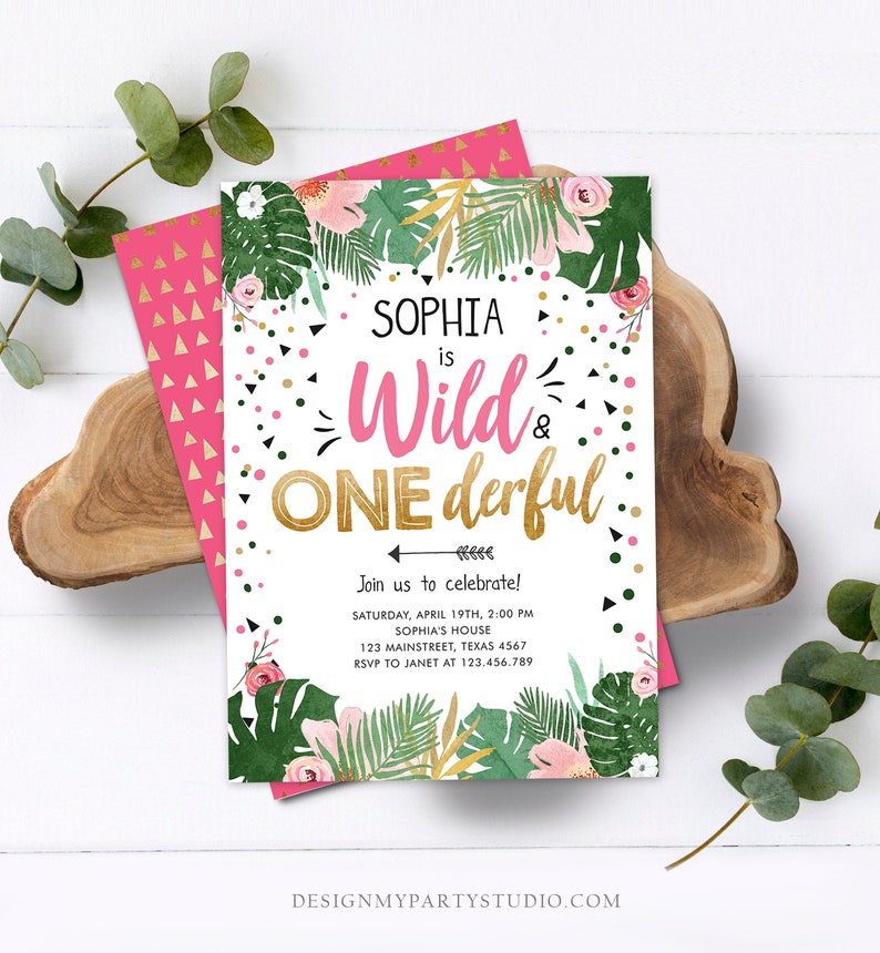 Editable Wild and Onederful Birthday Invitation Girl Wild One Safari Tropical Pink Gold Jungle First Birthday Corjl Template Printable 0332 image 4