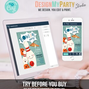 May include: A digital mockup of a customizable invitation for a bowling-themed birthday party. The invitation features a cartoon illustration of bowling pins and a pizza slice. The text on the invitation reads "Bowling Party!" and "Let's Strike up some fun for Mason's 6th Birthday".