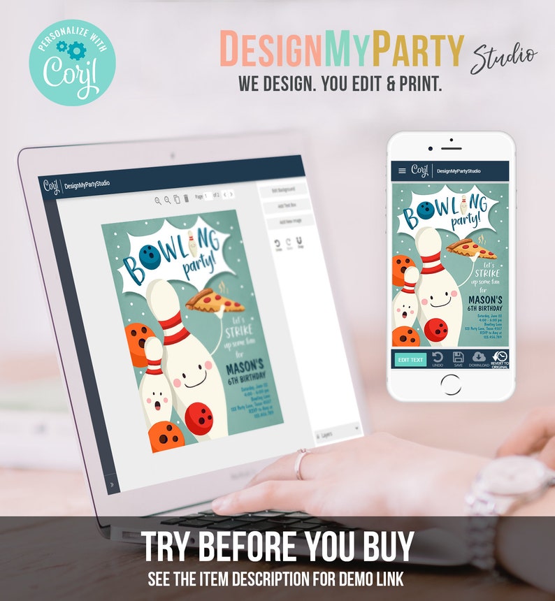 May include: A digital mockup of a customizable invitation for a bowling-themed birthday party. The invitation features a cartoon illustration of bowling pins and a pizza slice. The text on the invitation reads "Bowling Party!" and "Let's Strike up some fun for Mason's 6th Birthday".