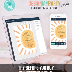 Peut inclure: Une maquette num&eacute;rique d'une invitation imprimable pour un premier anniversaire. L'invitation pr&eacute;sente une illustration de style aquarelle d'un soleil avec le texte "First Trip Around the Sun" et "Jessica Turning One".