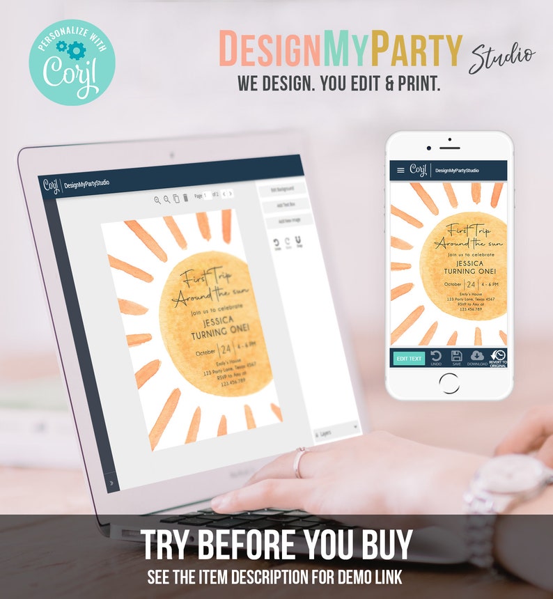 Peut inclure: Une maquette num&eacute;rique d'une invitation imprimable pour un premier anniversaire. L'invitation pr&eacute;sente une illustration de style aquarelle d'un soleil avec le texte "First Trip Around the Sun" et "Jessica Turning One".
