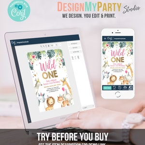May include: A digital design for a wild one birthday party invitation. The invitation features a pink and gold colour scheme with a jungle animal theme. The text on the invitation reads "Wild One" and includes details for a birthday party.