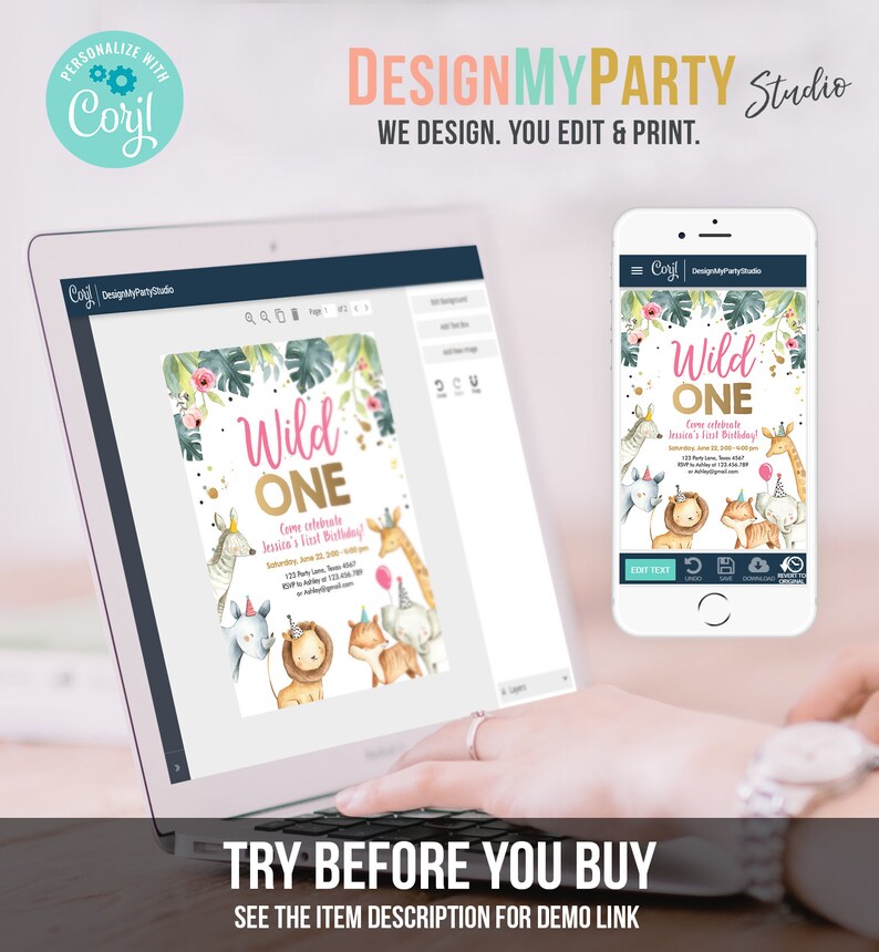May include: A digital design for a wild one birthday party invitation. The invitation features a pink and gold colour scheme with a jungle animal theme. The text on the invitation reads "Wild One" and includes details for a birthday party.