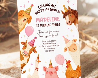 Editable Farm Birthday Invitation Girl Party Animals Pink Barnyard Party Modern Pastel Download Printable Invite Template Digital 0555