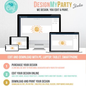 Puede incluir: Una pantalla de computadora muestra una plantilla de dise&ntilde;o para una pancarta de cumplea&ntilde;os con un gr&aacute;fico de sol y el texto "Birthday". El texto "Design My Party Studio" est&aacute; en la parte superior de la imagen. El texto "We Design. You Edit & Print." est&aacute; debajo del nombre del estudio. La imagen tambi&eacute;n muestra una lista de pasos para comprar, editar y descargar el dise&ntilde;o.