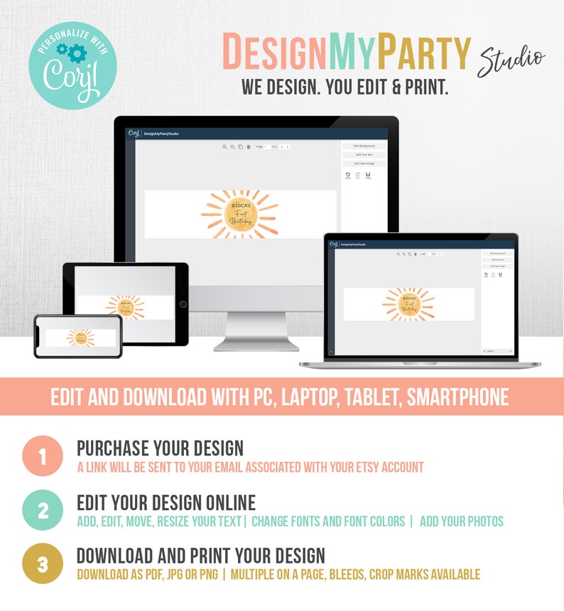 Puede incluir: Una pantalla de computadora muestra una plantilla de dise&ntilde;o para una pancarta de cumplea&ntilde;os con un gr&aacute;fico de sol y el texto "Birthday". El texto "Design My Party Studio" est&aacute; en la parte superior de la imagen. El texto "We Design. You Edit & Print." est&aacute; debajo del nombre del estudio. La imagen tambi&eacute;n muestra una lista de pasos para comprar, editar y descargar el dise&ntilde;o.